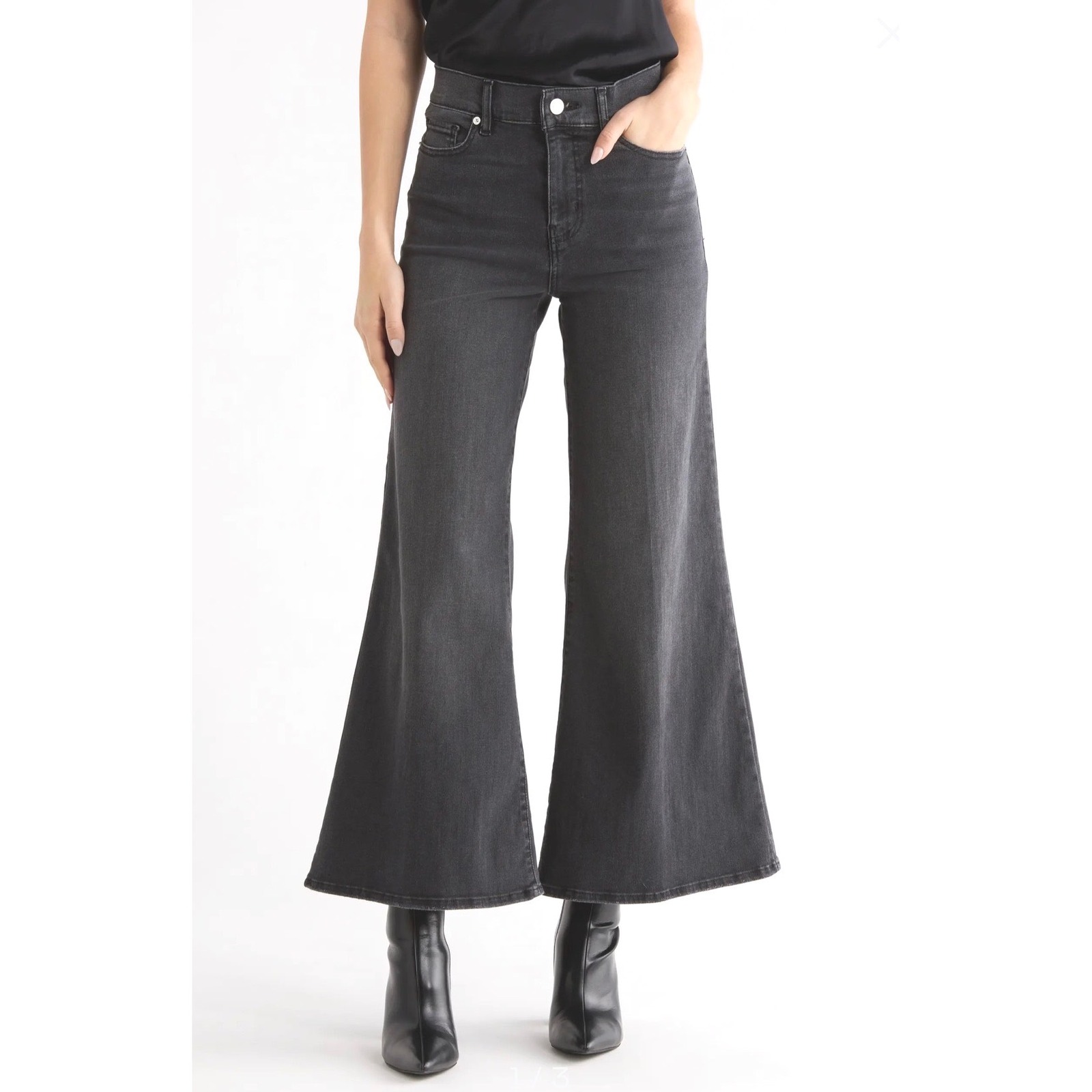 Frame Womens 24 Le Crop Palazzo Wide Leg Jeans Broken Faded Black Flare Denim